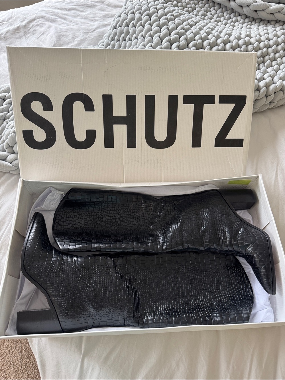 SCHUTZ Black Croc-Embossed Knee-High Boots